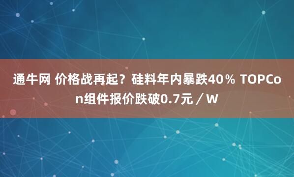 通牛网 价格战再起？硅料年内暴跌40％ TOPCon组件报价跌破0.7元／W